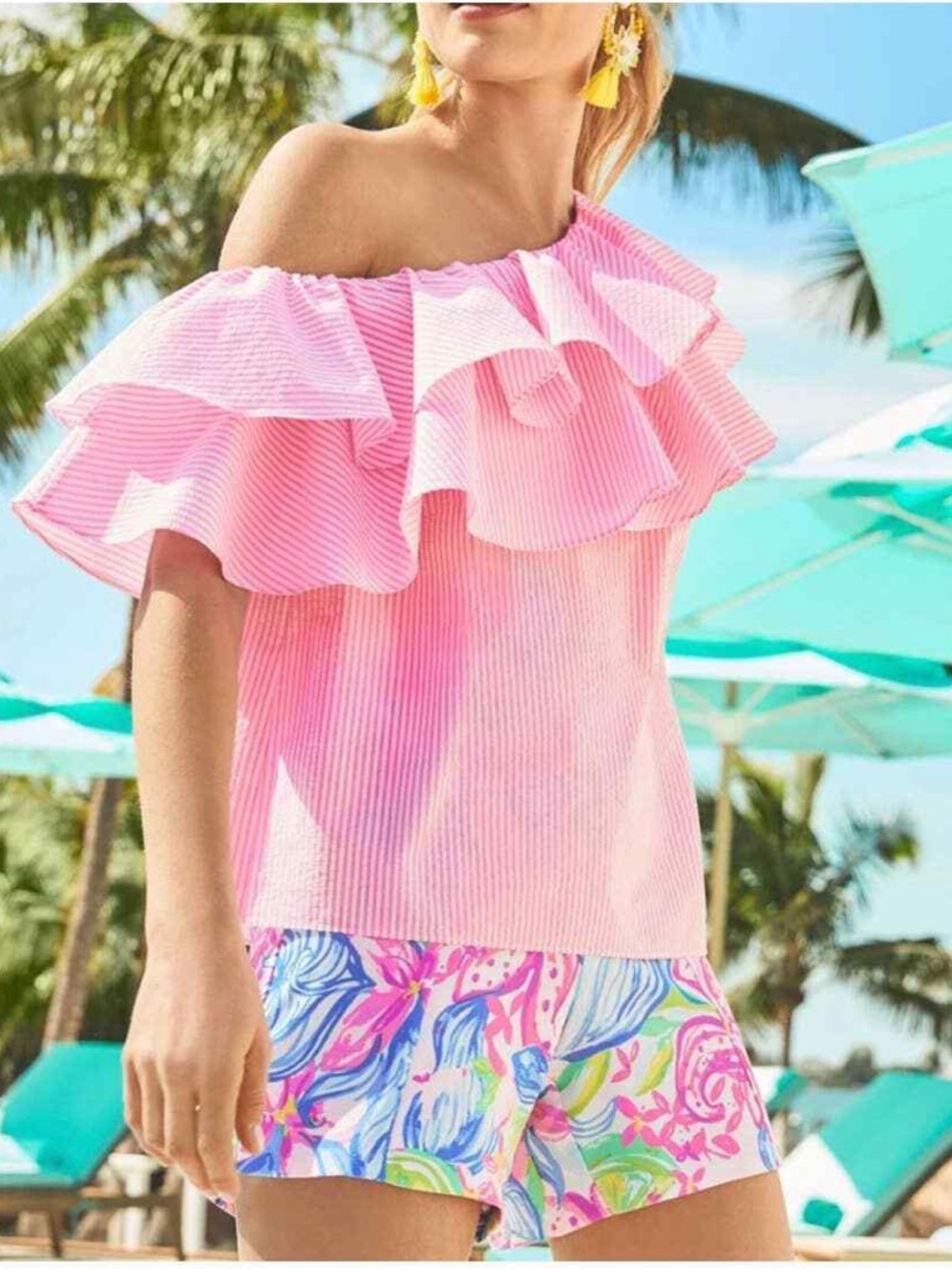 Lilly Pulitzer Pink and White Striped Trixie Ruffle One Shoulder Top Size XS